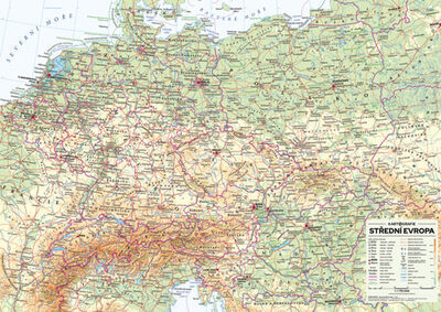 Střední Evropa nástěnná obecně zeměpisná mapa - S lištami v tubusu, 1 : 1 715 000